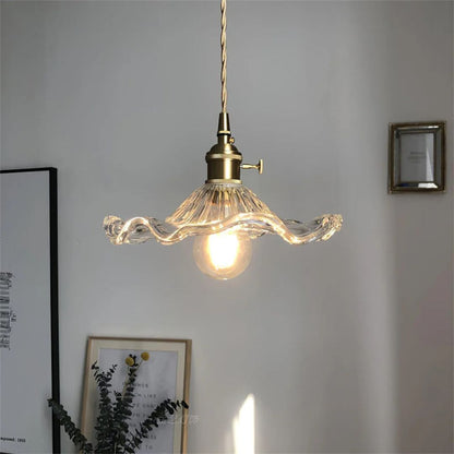 Glass Ceiling Light with Sculptural Ripple Edge – 9 in Hanging Fixture with Metal Hardware for Kitchen, Dining Area, or Bedroom – Adjustable