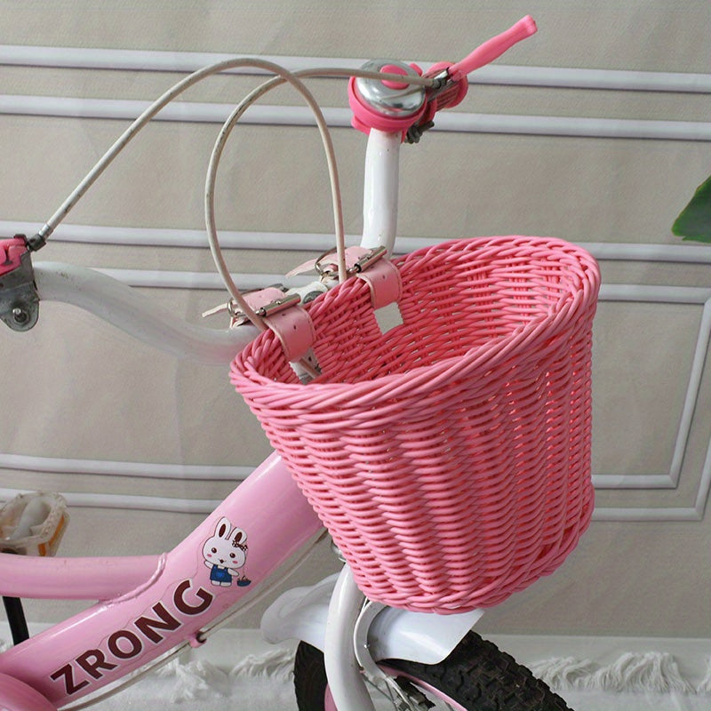 Kids Bike Front or Rear Carrier Basket in Pink Plastic Woven Design for Handlebars or Rack Storage Holder for School Trips Toys Snacks