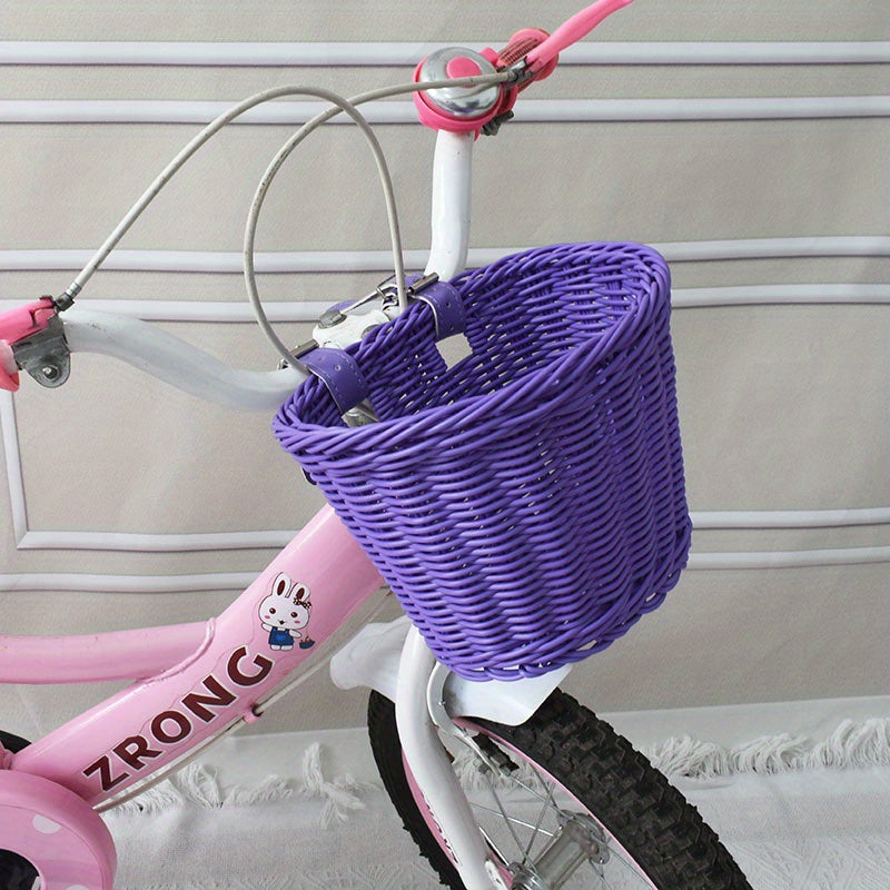 Kids Bike Front or Rear Carrier Basket in Pink Plastic Woven Design for Handlebars or Rack Storage Holder for School Trips Toys Snacks