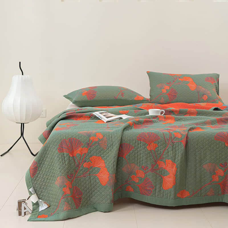 Reversible Cotton Quilt Ginkgo Leaf Design All-Season Bedspread Lightweight Throw Blanket for Bedroom Sofa Couch Travel Comfort
