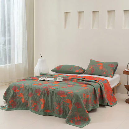 Reversible Cotton Quilt Ginkgo Leaf Design All-Season Bedspread Lightweight Throw Blanket for Bedroom Sofa Couch Travel Comfort