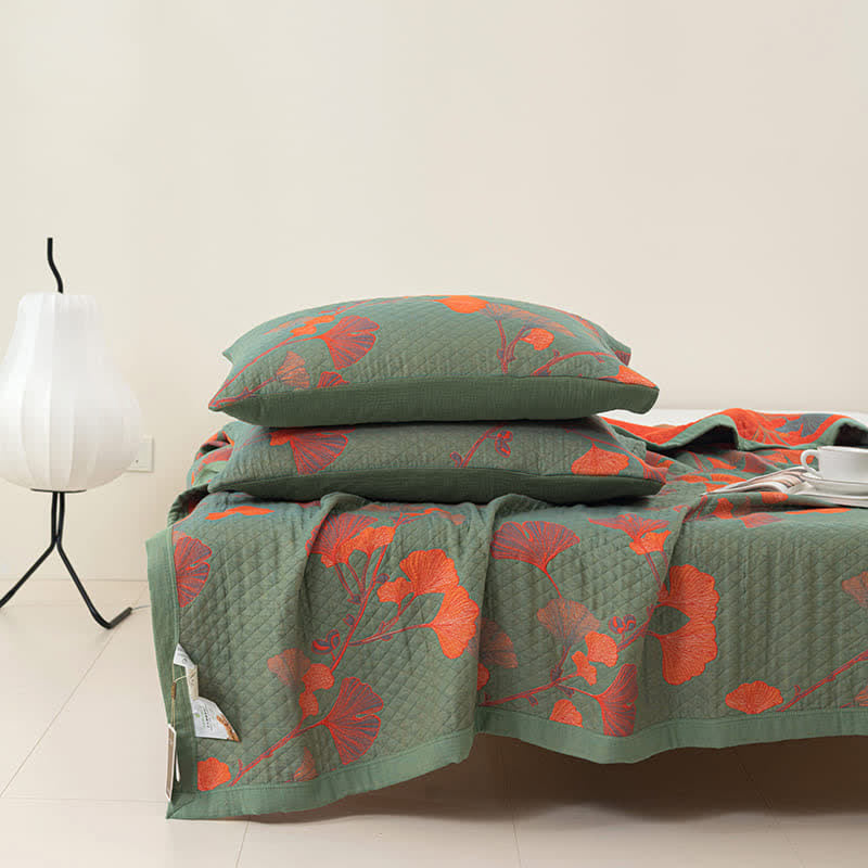Reversible Cotton Quilt Ginkgo Leaf Design All-Season Bedspread Lightweight Throw Blanket for Bedroom Sofa Couch Travel Comfort