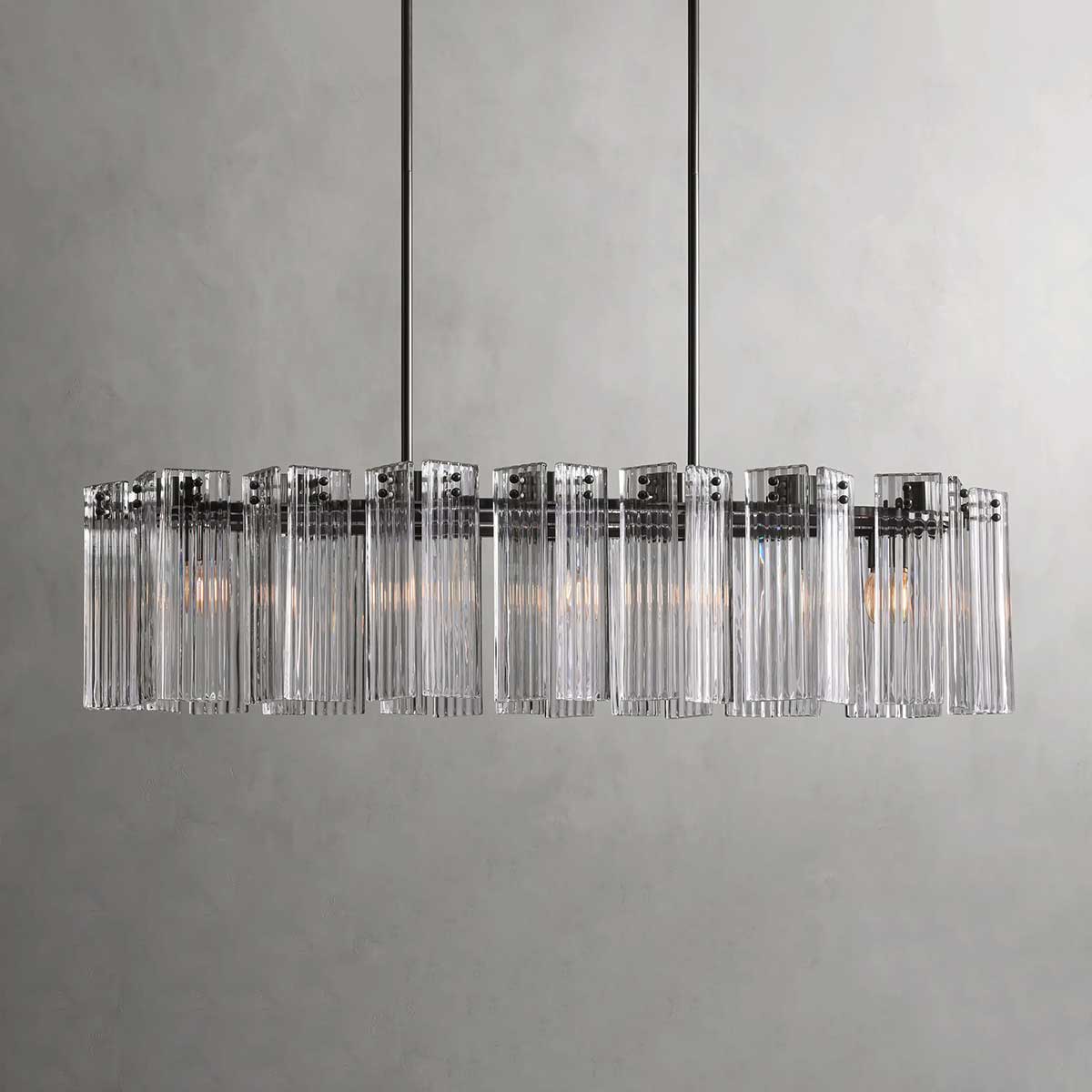 Oval Glass Panel Chandelier with Metal Frame 4-17 Lights Adjustable Height for Dining Room & Entryway