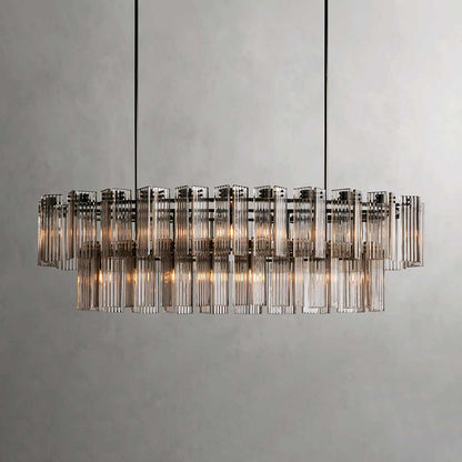 Oval Glass Panel Chandelier with Metal Frame 4-17 Lights Adjustable Height for Dining Room & Entryway