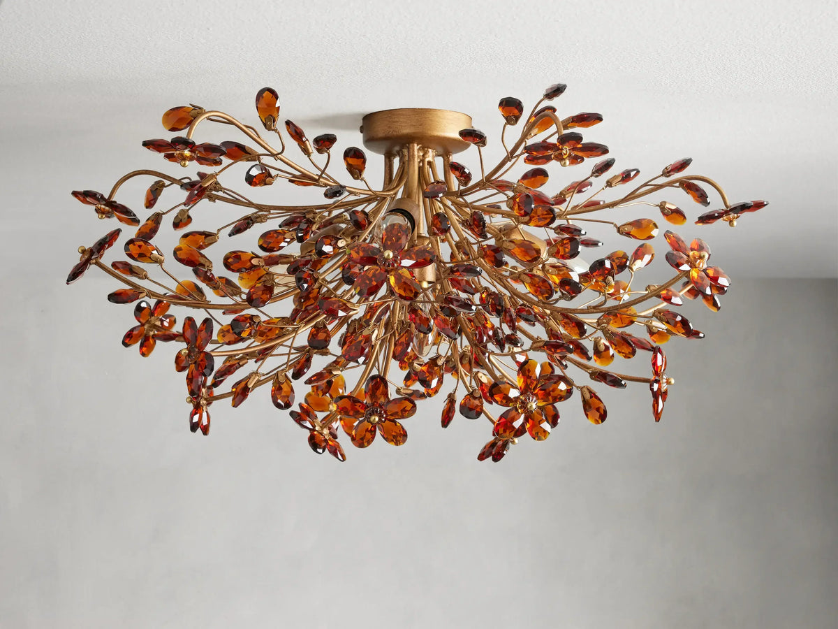 Crystal Flower Ceiling Light Fixture 27.5 inch Flush Mount Iron Frame Handcrafted Floral Design Ambient Lighting for Living Room Bedroom