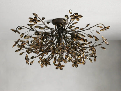 Crystal Flower Ceiling Light Fixture 27.5 inch Flush Mount Iron Frame Handcrafted Floral Design Ambient Lighting for Living Room Bedroom