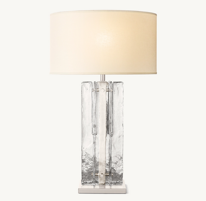 Geometric Cast Glass Table Lamp with Linen Shade for Bedroom Living Room | Mid-Century Modern Bedside Lighting