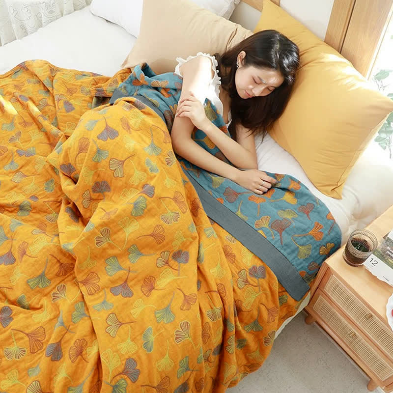 Reversible Cotton Quilt Ginkgo Leaf Botanical Print Bedspread Comforter Coverlet for Bedroom Decor Queen King Full Size Soft Breathable