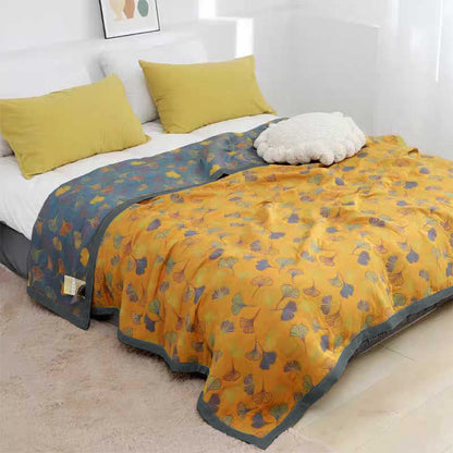 Reversible Cotton Quilt Ginkgo Leaf Botanical Print Bedspread Comforter Coverlet for Bedroom Decor Queen King Full Size Soft Breathable