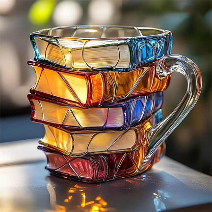 Sculptural Glass Coffee Mug with Stacked Book Shape for Writers Readers Students & Home Office Desk Décor Gift