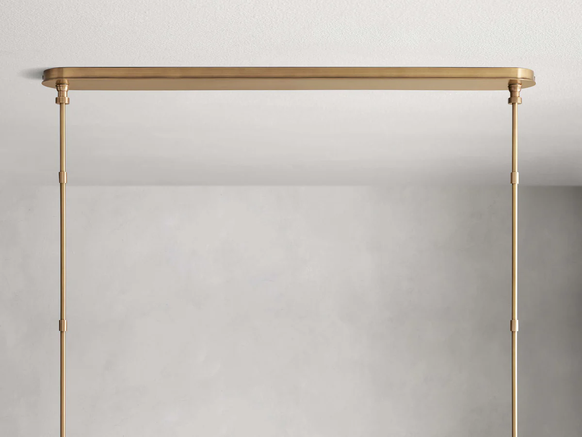 Linear Chandelier 6-10 Lights Antiqued Brass Leather Accent White Linen Shade Adjustable Height Dining Room Kitchen Island