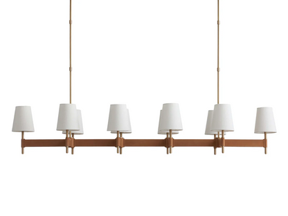 Linear Chandelier 6-10 Lights Antiqued Brass Leather Accent White Linen Shade Adjustable Height Dining Room Kitchen Island