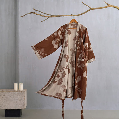 Women's Japanese-Style Cotton Gauze Robe with Oversized Botanical Print | Lightweight Kimono Wrap for Loungewear & Sleepwear
