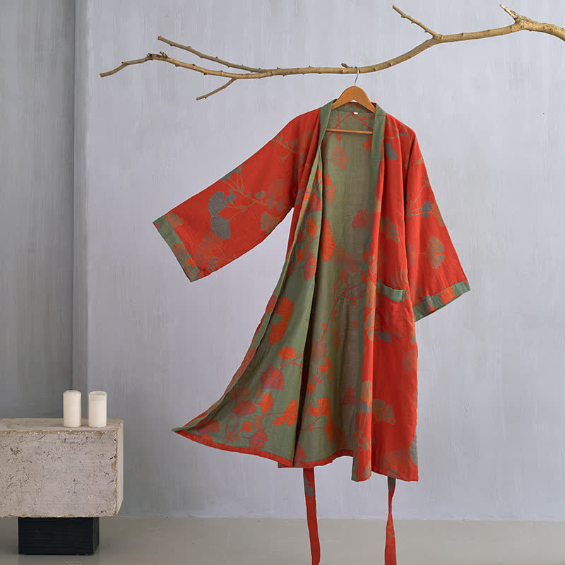 Women's Japanese-Style Cotton Gauze Robe with Oversized Botanical Print | Lightweight Kimono Wrap for Loungewear & Sleepwear