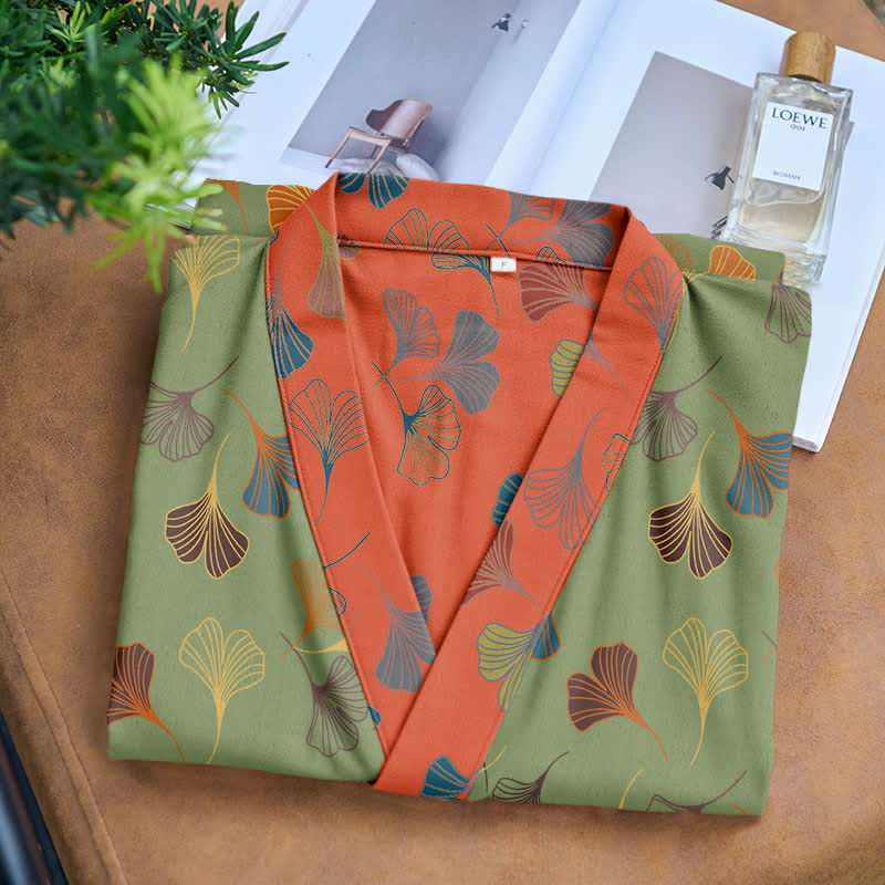 Cotton Gauze Kimono Robe Women Men Lightweight Bathrobe Ginkgo Leaf Pattern Unisex Loungewear Spa Wrap Housecoat Sleepwear Quick-Dry