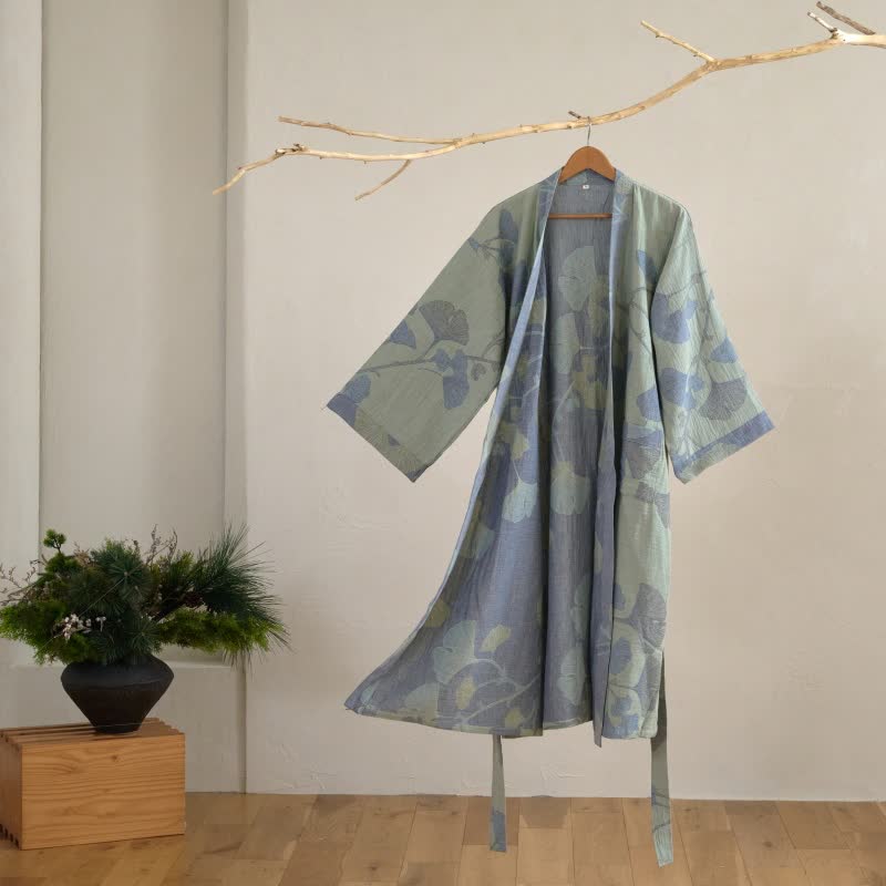 Reversible Cotton Kimono Robe with Ginkgo Leaf Print for Women - Lightweight Spa Bathrobe with Belt & Dual-Tone Design