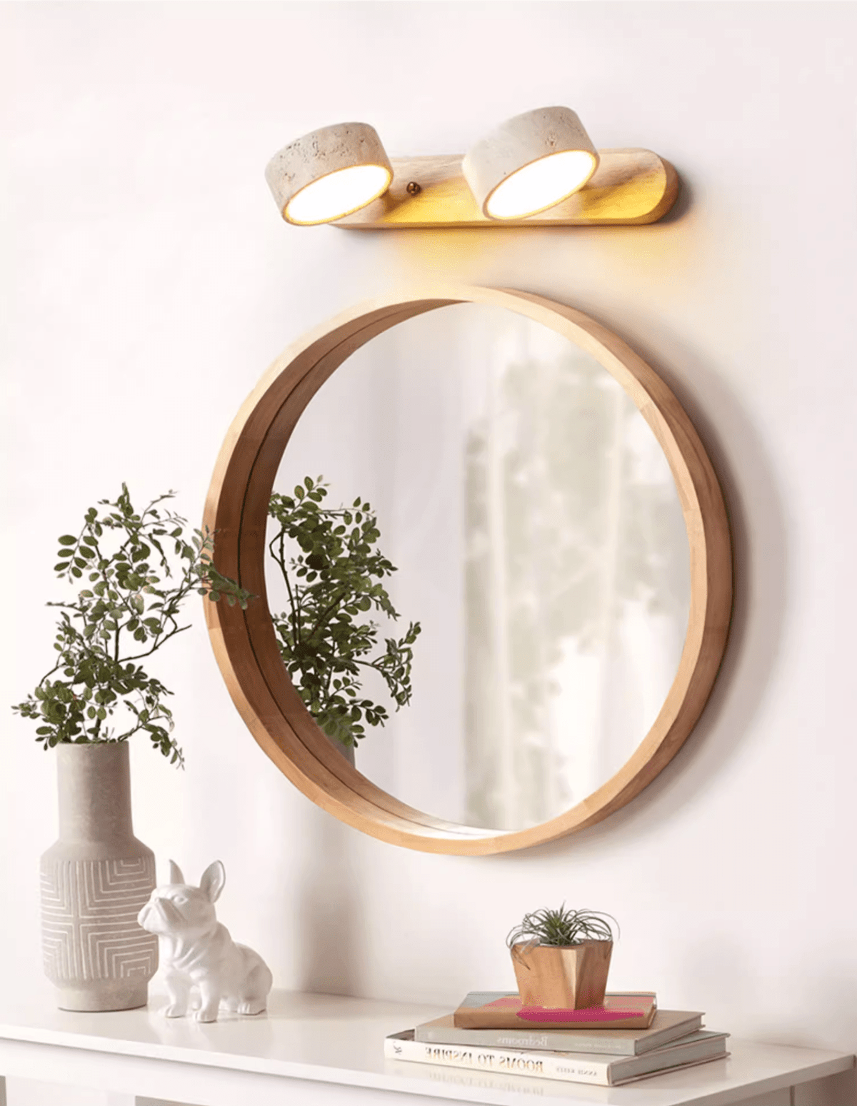 Natural Stone Wall Sconce with Integrated LED 2-Light Hardwired Fixture Wood Accent Lighting for Bedroom Hallway Living Room Indoor Ambient