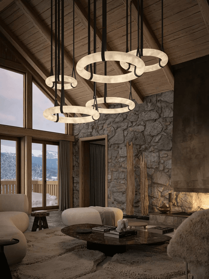 LED Ring Ceiling Fixture in Alabaster Stone – Adjustable Halo Chandelier for Open Dining Areas, Great Rooms & Hospitality – 47 in Circle Sus