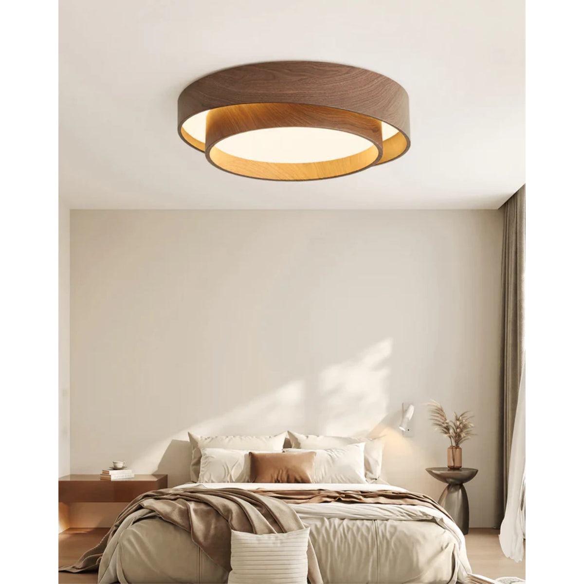 Flush Mount LED Fixture Walnut Grain Finish for Bedroom Living Room Dining Area Low Profile Overhead Lighting Scandinavian Modern Contempora