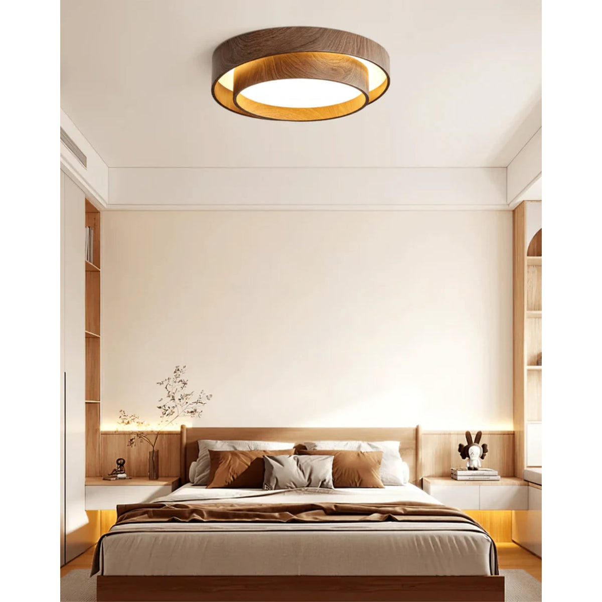 Flush Mount LED Light Fixture Walnut Finish for Bedroom Living Room Dining Area Low Profile Ambient Overhead Lighting Minimalist Contemporar