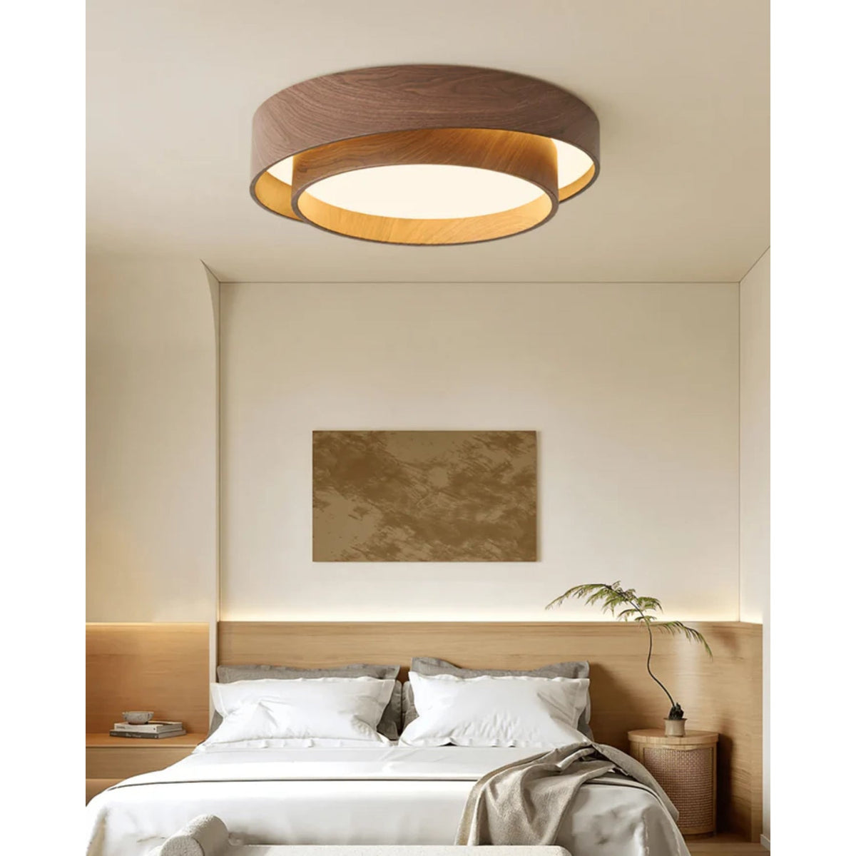 Flush Mount LED Light Fixture Walnut Finish for Bedroom Living Room Dining Area Low Profile Ambient Overhead Lighting Minimalist Contemporar