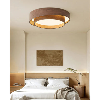 Flush Mount LED Light Fixture Walnut Finish for Bedroom Living Room Dining Area Low Profile Ambient Overhead Lighting Minimalist Contemporar