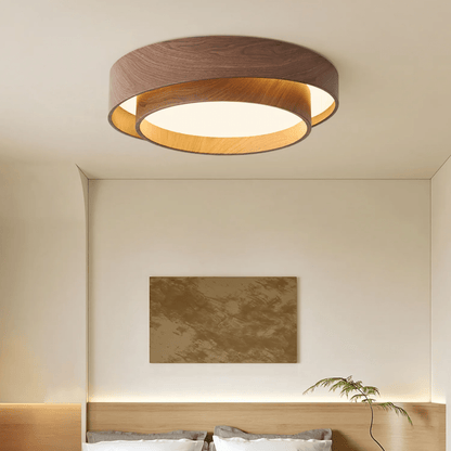 Flush Mount LED Light Fixture Walnut Finish for Bedroom Living Room Dining Area Low Profile Ambient Overhead Lighting Minimalist Contemporar