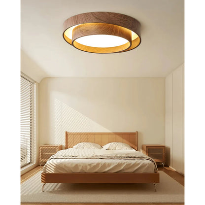 Flush Mount LED Fixture Walnut Grain Finish for Bedroom Living Room Dining Area Low Profile Overhead Lighting Scandinavian Modern Contempora
