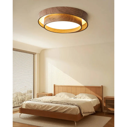 Flush Mount LED Light Fixture Walnut Finish for Bedroom Living Room Dining Area Low Profile Ambient Overhead Lighting Minimalist Contemporar