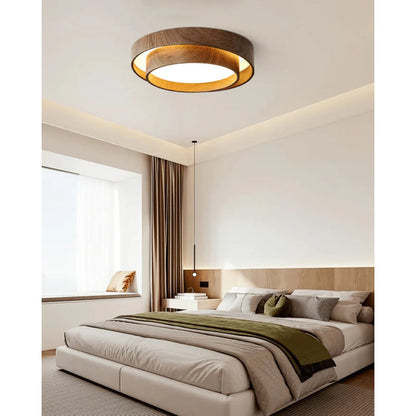 Flush Mount LED Fixture Walnut Grain Finish for Bedroom Living Room Dining Area Low Profile Overhead Lighting Scandinavian Modern Contempora