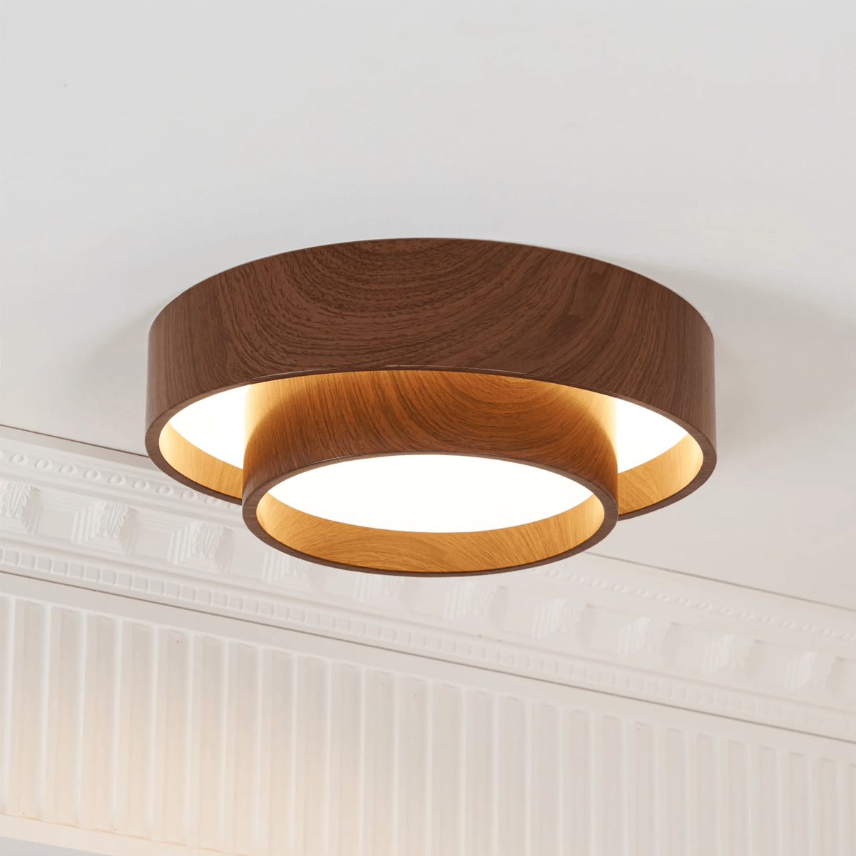 Flush Mount LED Fixture Walnut Grain Finish for Bedroom Living Room Dining Area Low Profile Overhead Lighting Scandinavian Modern Contempora
