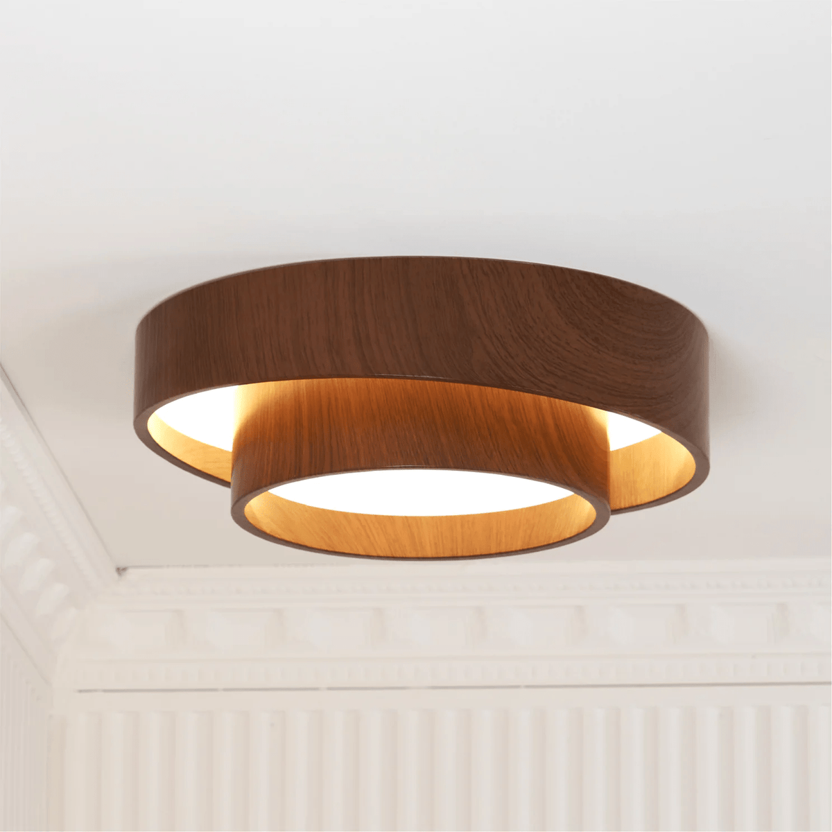 Flush Mount LED Fixture Walnut Grain Finish for Bedroom Living Room Dining Area Low Profile Overhead Lighting Scandinavian Modern Contempora