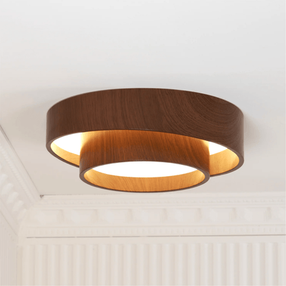 Flush Mount LED Fixture Walnut Grain Finish for Bedroom Living Room Dining Area Low Profile Overhead Lighting Scandinavian Modern Contempora