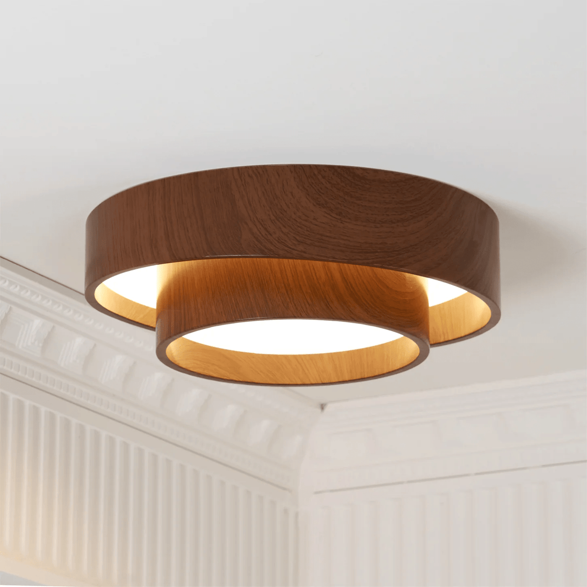 Flush Mount LED Fixture Walnut Grain Finish for Bedroom Living Room Dining Area Low Profile Overhead Lighting Scandinavian Modern Contempora