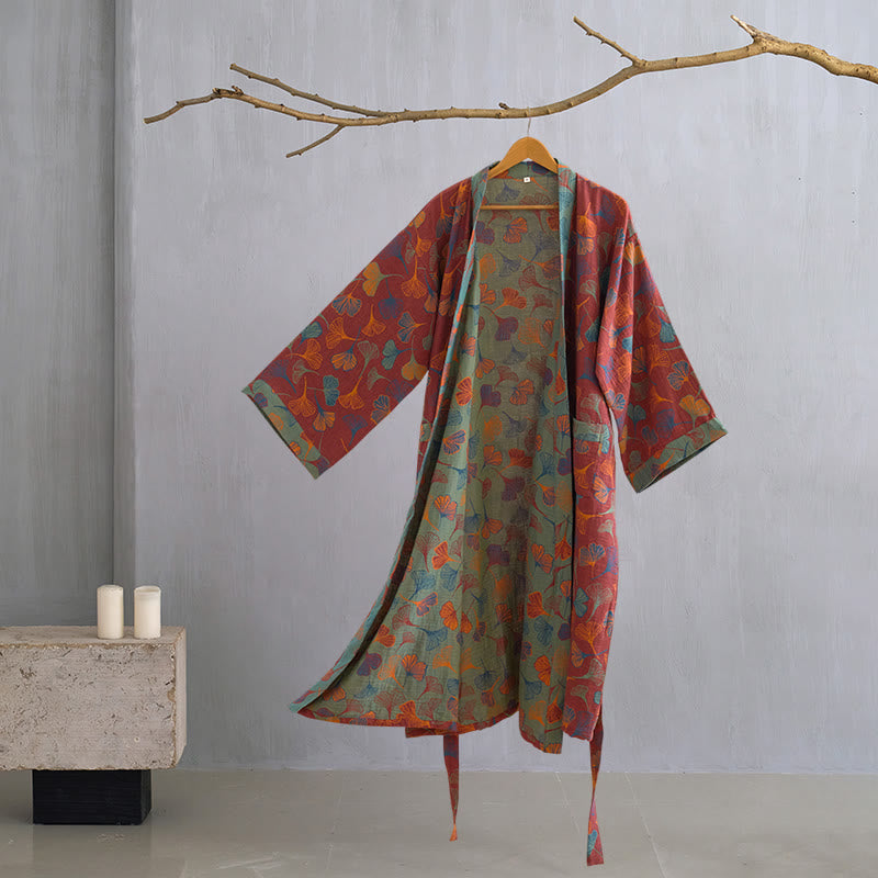 Cotton Gauze Kimono Robe Women Men Lightweight Bathrobe Ginkgo Leaf Pattern Unisex Loungewear Spa Wrap Housecoat Sleepwear Quick-Dry