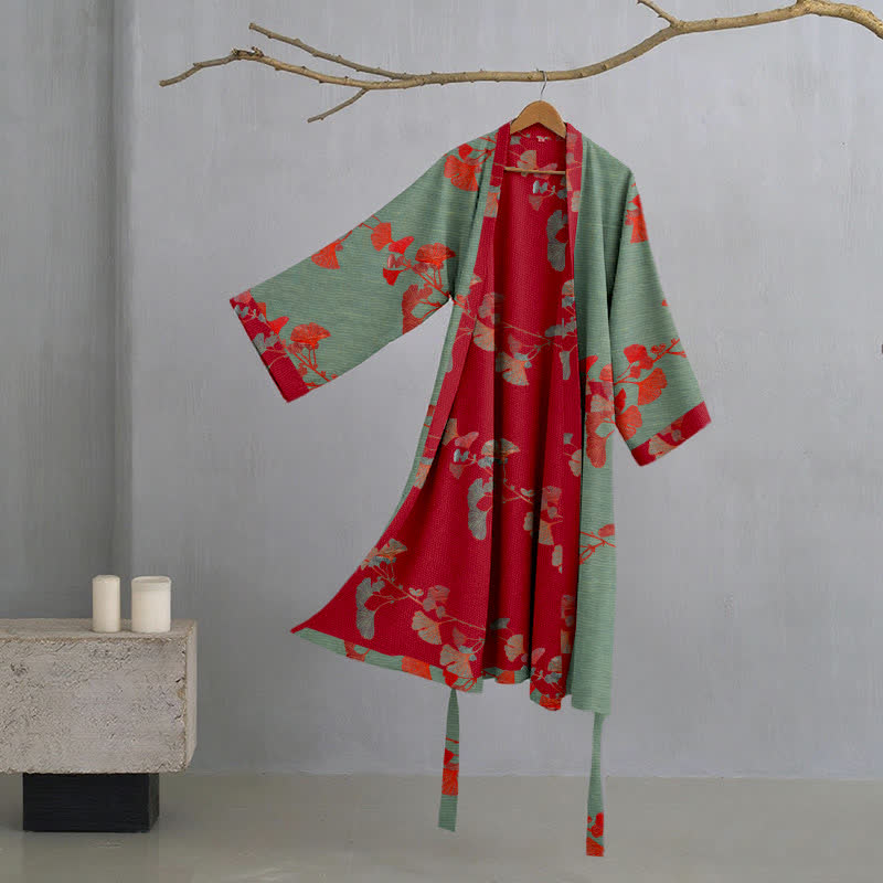 Reversible Cotton Kimono Robe with Ginkgo Leaf Print for Women - Lightweight Spa Bathrobe with Belt & Dual-Tone Design