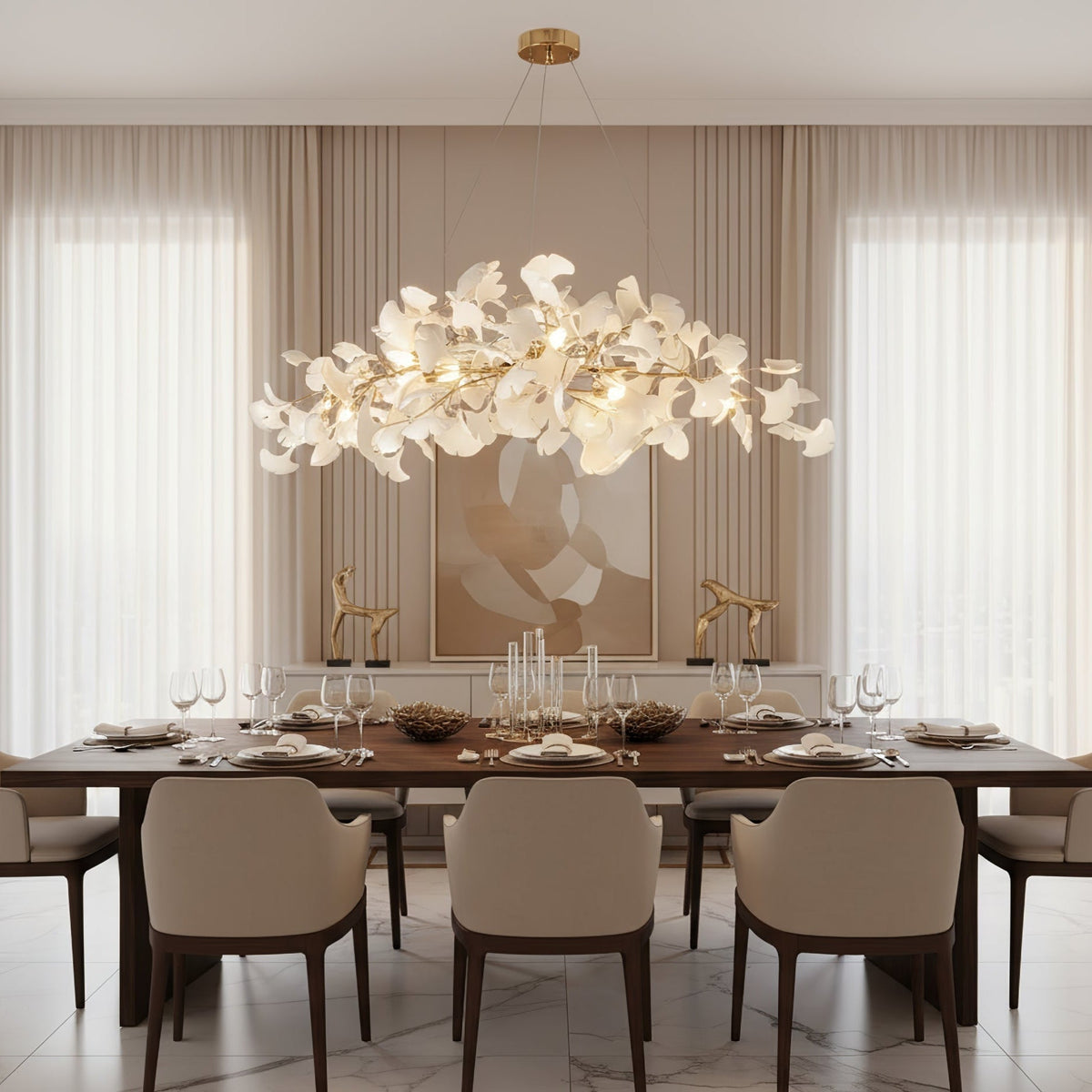 Handcrafted Porcelain Leaf Ceiling Fixture with Flexible Branches Gold White 70 in Statement Overhead Lighting for Dining Room Entryway Livi