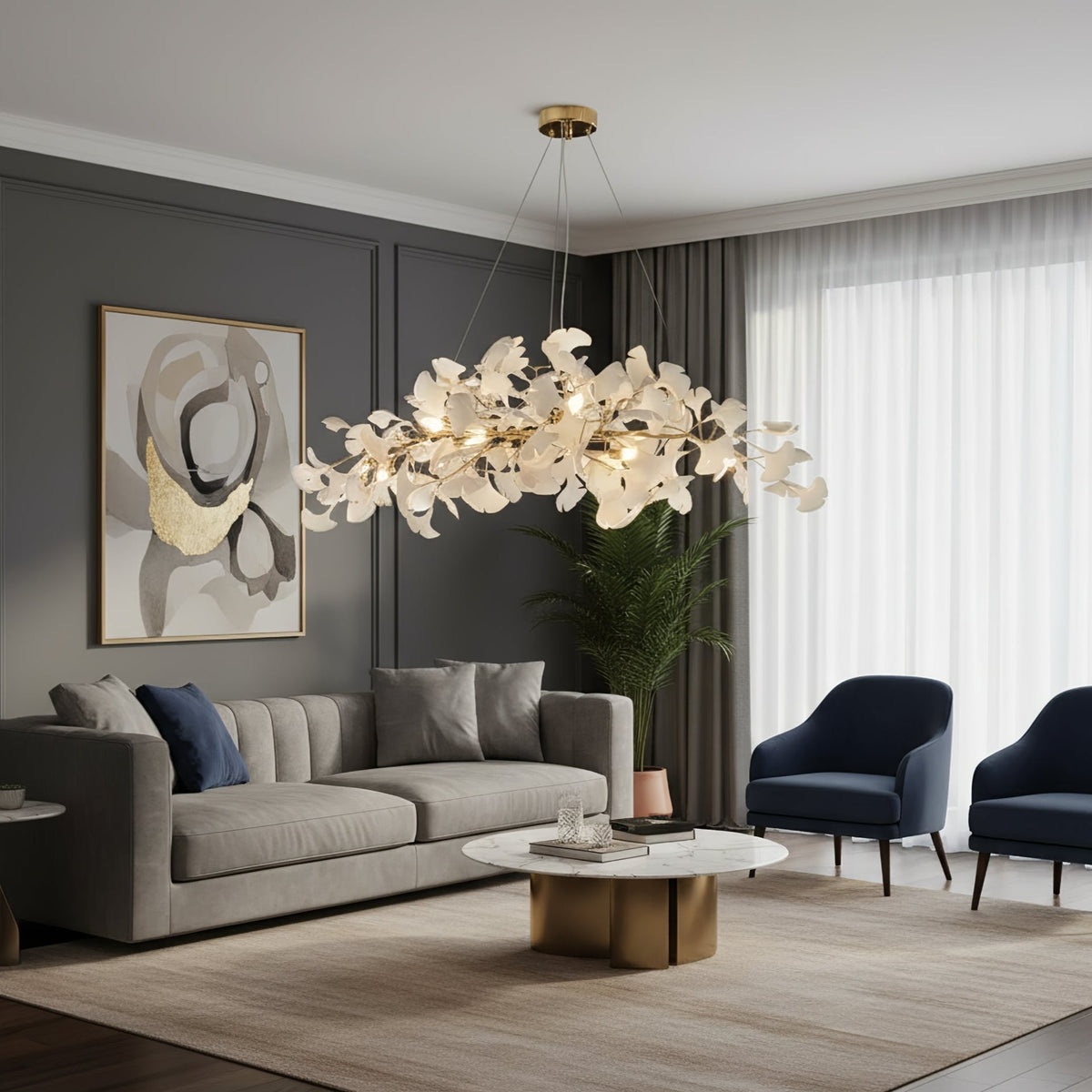 Handcrafted Porcelain Leaf Ceiling Fixture with Flexible Branches Gold White 70 in Statement Overhead Lighting for Dining Room Entryway Livi