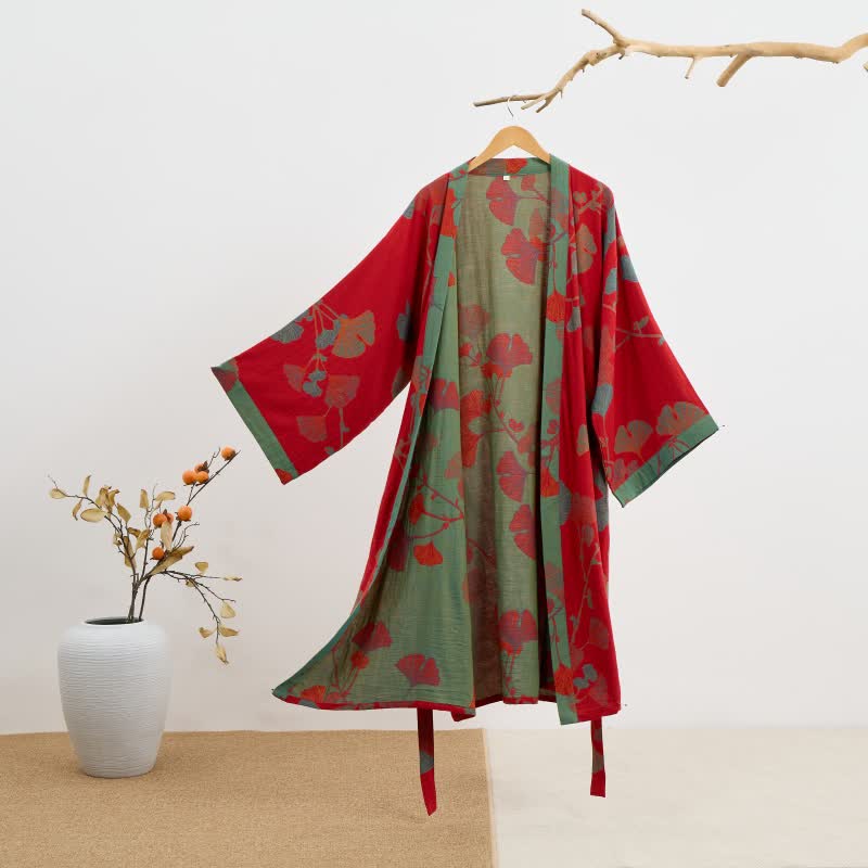 Reversible Cotton Kimono Robe with Ginkgo Leaf Print for Women - Lightweight Spa Bathrobe with Belt & Dual-Tone Design