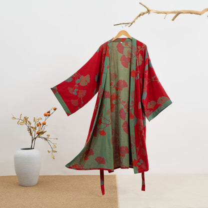 Reversible Cotton Kimono Robe with Ginkgo Leaf Print for Women - Lightweight Spa Bathrobe with Belt & Dual-Tone Design