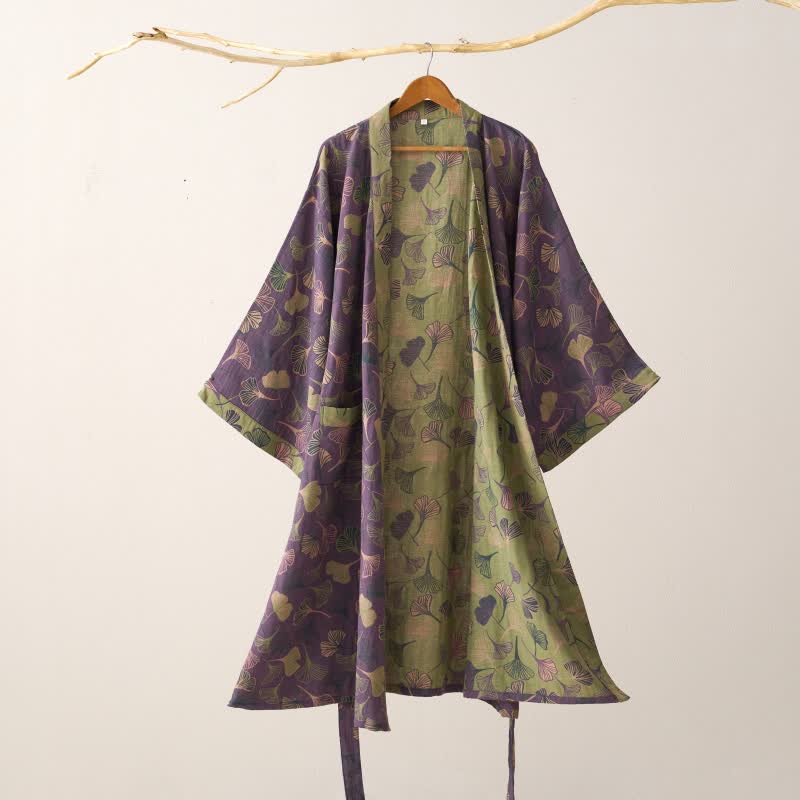 Cotton Gauze Kimono Robe Women Men Lightweight Bathrobe Ginkgo Leaf Pattern Unisex Loungewear Spa Wrap Housecoat Sleepwear Quick-Dry
