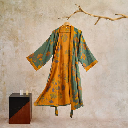 Women's Japanese-Style Cotton Gauze Robe with Oversized Botanical Print | Lightweight Kimono Wrap for Loungewear & Sleepwear