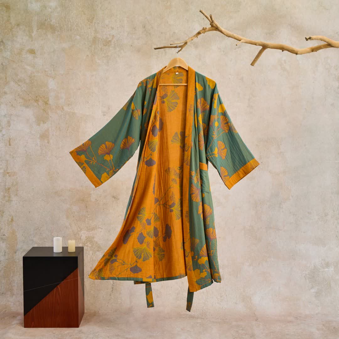 Women's Japanese-Style Cotton Gauze Robe with Oversized Botanical Print | Lightweight Kimono Wrap for Loungewear & Sleepwear