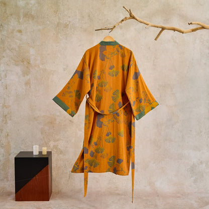 Women's Japanese-Style Cotton Gauze Robe with Oversized Botanical Print | Lightweight Kimono Wrap for Loungewear & Sleepwear