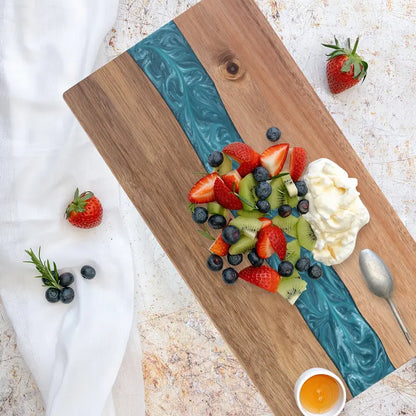 Acacia Wood Serving Board with Blue Resin River Design 18x9 Inch Charcuterie Platter Butcher Block Cutting Surface for Cheese Meat Bread