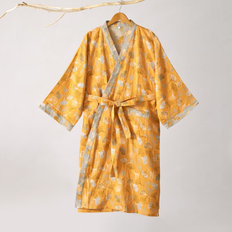 Cotton Gauze Kimono Robe Women Men Lightweight Bathrobe Ginkgo Leaf Pattern Unisex Loungewear Spa Wrap Housecoat Sleepwear Quick-Dry
