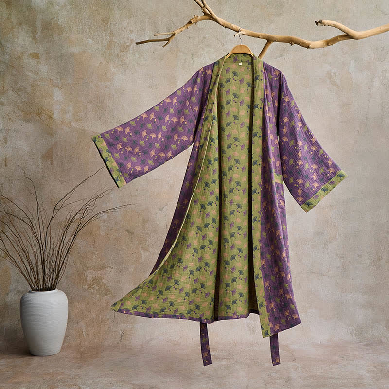 Lightweight Cotton Gauze Kimono Robe for Women & Men – Japanese Style Loungewear with Ginkgo Leaf Print & Adjustable Tie – Breathable
