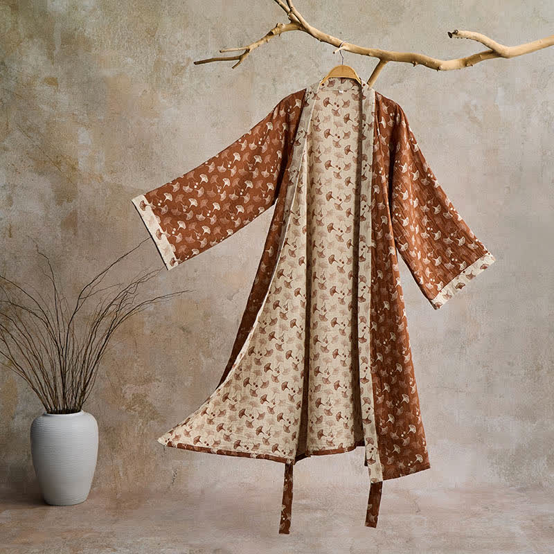 Lightweight Cotton Gauze Kimono Robe for Women & Men – Japanese Style Loungewear with Ginkgo Leaf Print & Adjustable Tie – Breathable