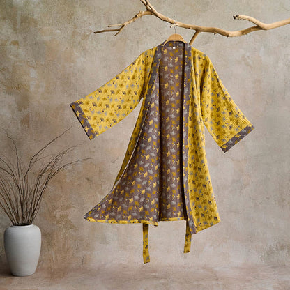 Lightweight Cotton Gauze Kimono Robe for Women & Men – Japanese Style Loungewear with Ginkgo Leaf Print & Adjustable Tie – Breathable