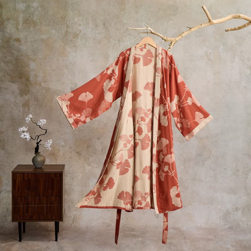 Women's Japanese-Style Cotton Gauze Robe with Oversized Botanical Print | Lightweight Kimono Wrap for Loungewear & Sleepwear